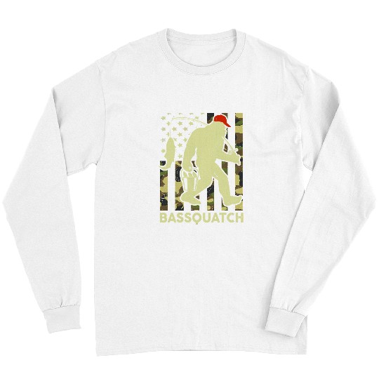 Bigfoot Pet Funny Bigfoot Fishing Bassquatch Camo American Flag Dad Fish Long Sleeves