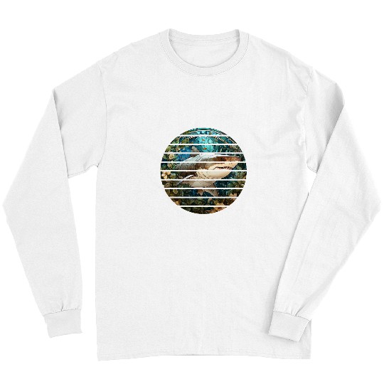 Fishing Fun Retro circle stained glass great white shark ocean fishing Long Sleeves