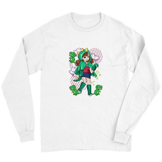 Dinosaur Pet Cute Chibi style Kawai Anime Girl wearing a Dinosaur costume Long Sleeves