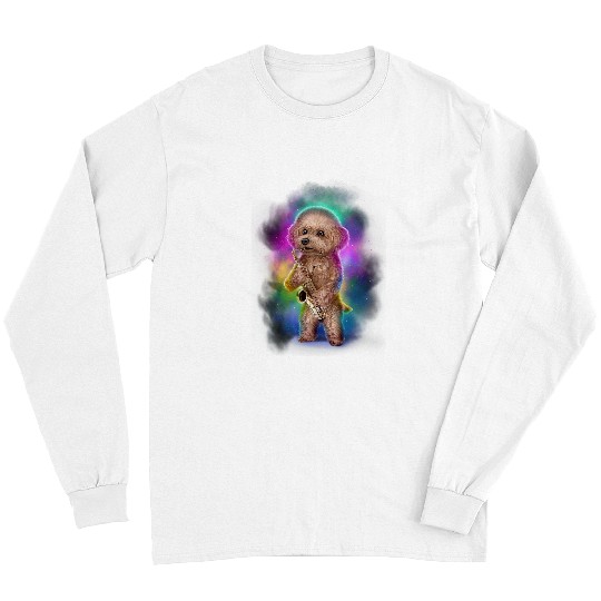 Toy Poodle Dog Play Saxophone in Galaxy Rainbow Space 1 Long Sleeves