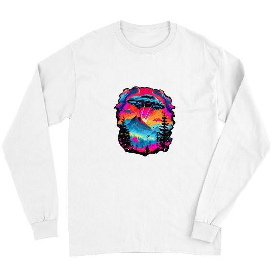Aliens UFO Flying Saucer Over Mountains And Forests Synthwave Long Sleeves