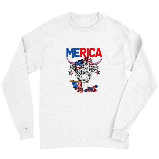 Cow Pet Merica Highland Cow USA Flag Patriotic Farmer 4th Of July Long Sleeves