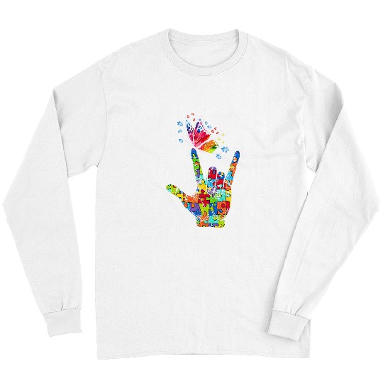Autism Puzzle i love you hand sign language butterfly 9 Long Sleeves