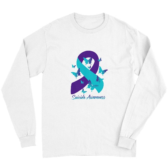 suicides Prevention 988 Teal Purple Ribbon Butterflies Long Sleeves