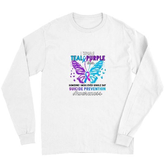 suicides Prevention 988 Ribbon I Wear Teal Purple Butterfly Long Sleeves