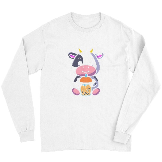 Cow Pet Bubble Milk Tea Cow Cute Cow Drinking Boba Milk Tea 01 Long Sleeves