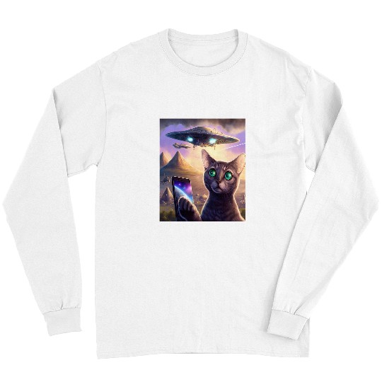 Aliens UFO Funny Cat Selfie Galaxy Cat Long Sleeves