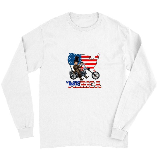 Merica Abraham Lincoln Motorcycle 4th Of July Patriotic Long Sleeves