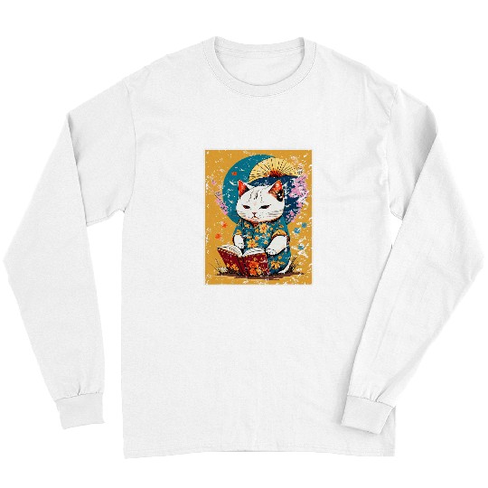 Book Fun vintages Cute Japanese Cat Reading Book Feline Literary Charm Long Sleeves