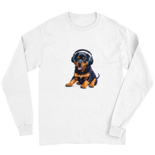 Rottweiler Pet Puppy Dog Wearing Headphones Long Sleeves