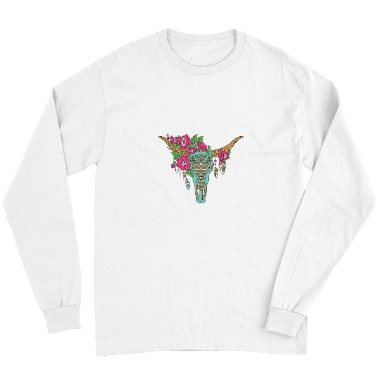 Cow Pet Casual Cow skull mandala Southwestern style art for women Long Sleeves