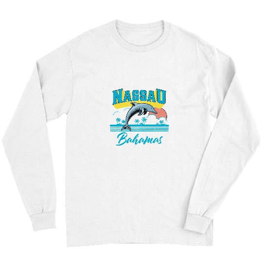 Dolphin Pet Gift Nassau Bahamas Sunset Palm Tree Dolphin Retro Vacation Long Sleeves