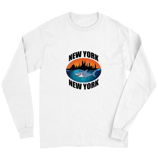 Shark Pet New York Manhattan Shark Cartoon Skyline Illustration Long Sleeves
