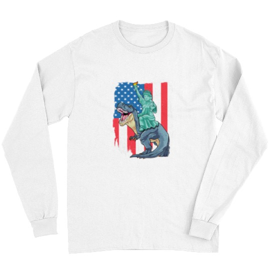 Dinosaur Pet Statue of Liberty Riding Dinosaur Patriotic TRex 4th Of July 8 Long Sleeves
