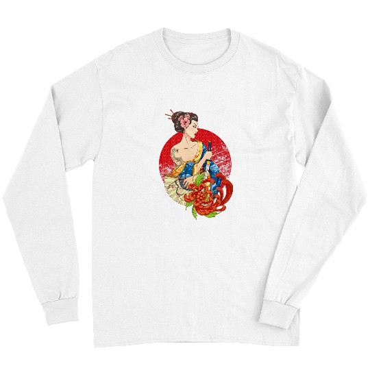Geisha Girl Katana swords and Tattoo of Dragon Japanese Long Sleeves