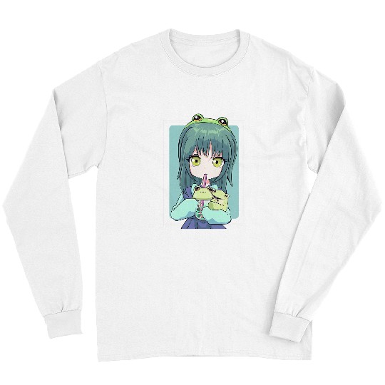 Frog Pet Anime Girl for Frog Lovers and Kawaii Boba Tea Frog Teens Long Sleeves