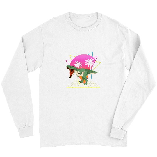 Dinosaur Pet Tropical Trees Synthwave Vaporwave 80s Art TRex 1 Long Sleeves