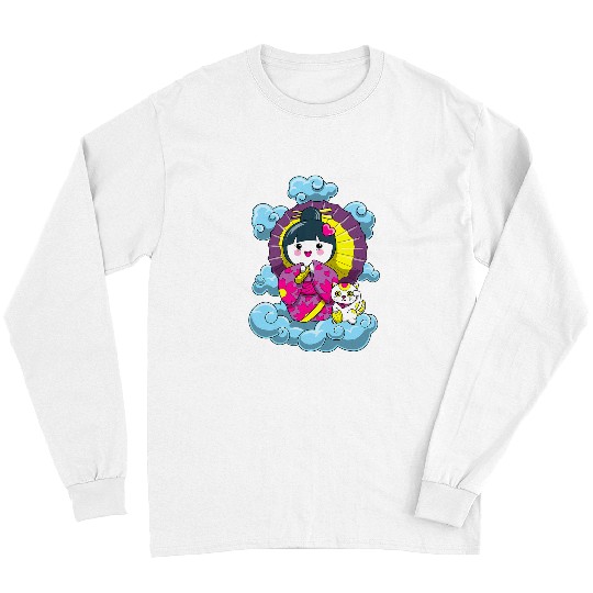 Kawaii Kokeshi Geisha Doll and Japanese Lucky Cat Long Sleeves