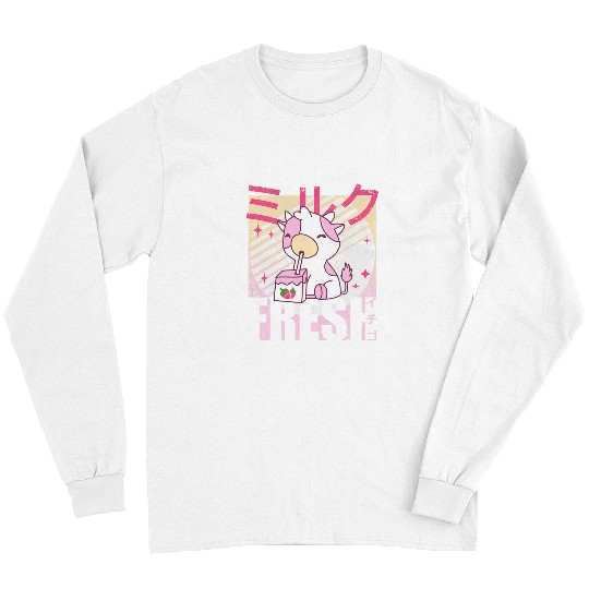Cow Pet Fresh Cute Japanese Kawaii Cow Drinking Strawberry Milk 90s Long Sleeves