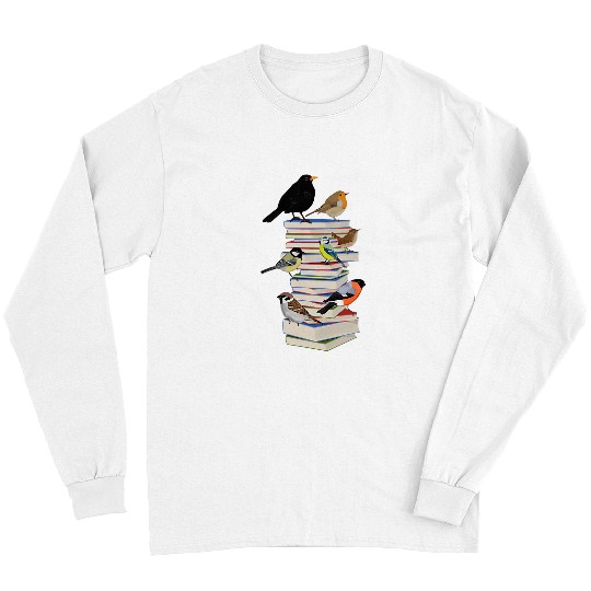 Book Fun Robin Bullfinch Sparrow with Books Bird Birdwatcher Animal Long Sleeves