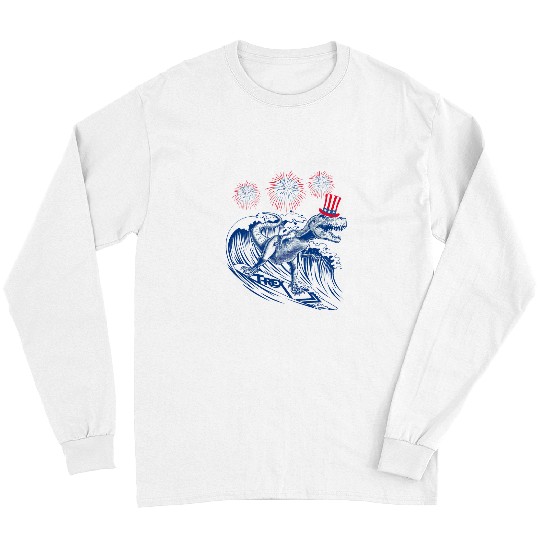 Dinosaur Pet Surf Dinosaur T rexs Surfing 4th of July Fireworks Long Sleeves