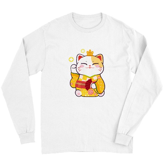 Mens Japanese Beckoning Cat Lucky Japan Manekineko Geisha Long Sleeves