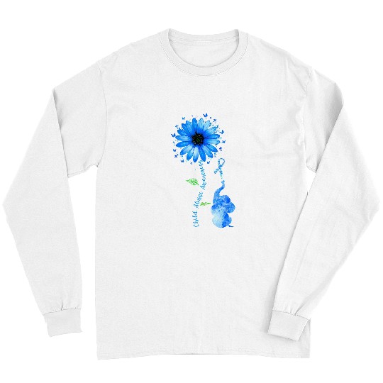 Elephant Mammal CHILD ABUSE Awareness Sunflower Light Blue Ribbon Long Sleeves