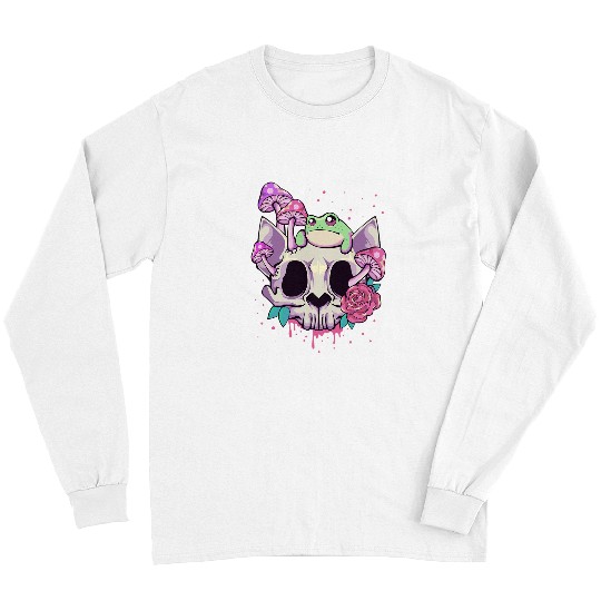 Frog Pet Pastel Goth Kawaii Frog On A Cat Skull with Mushroom Long Sleeves