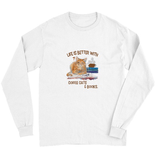 Book Fun Cat Lover Books Coffee Reading Cats Owner Long Sleeves