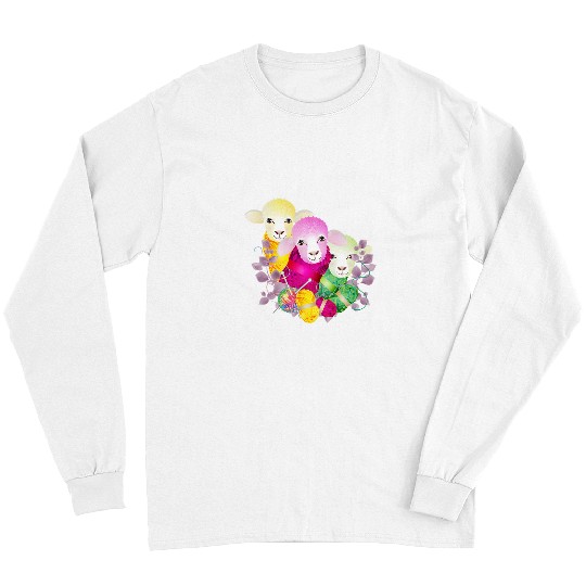 Sheep Pet Three colourful sheep with wool and knitting needles Long Sleeves