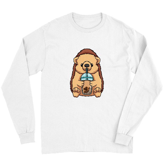 Hedgehog Pet Drinking Bubble Tea Cute Animals With Boba Tea Long Sleeves