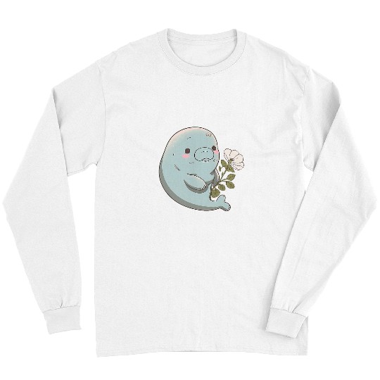 Manatee Pet Blushing Manatee Adorable Light Blue Manatee with a Flower Long Sleeves