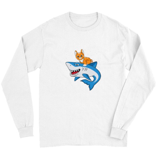 Shark Pet Galaxy Cat Riding Shark For Cat Lovers Astronaut Cat Long Sleeves
