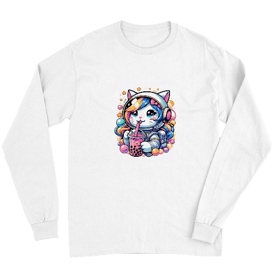 Anime Cute Astronaut Cat In Space Drinking Bubble Boba Tea Long Sleeves