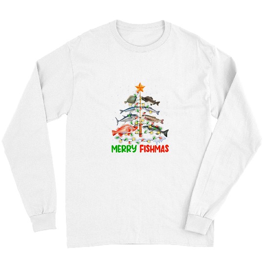 Fishing Fun Merry Fishmas Funny Christmas Tree Lights Fish Fishing Rod 4 Long Sleeves