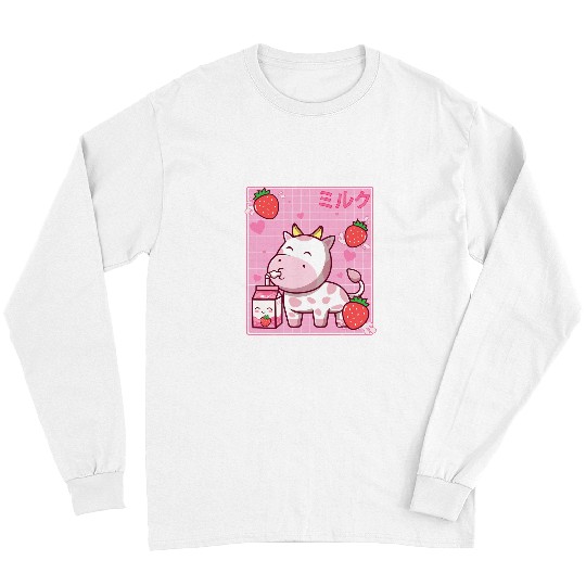 Cow Pet Kawaii Pink Strawberry Cow Milk Shake Otaku Anime Lover Long Sleeves