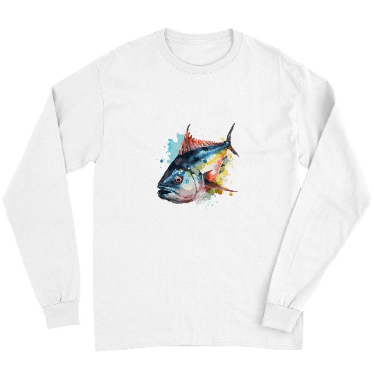 Fishing Fun Watercolor Tuna Fish Colorful Fisherman Fishing Long Sleeves