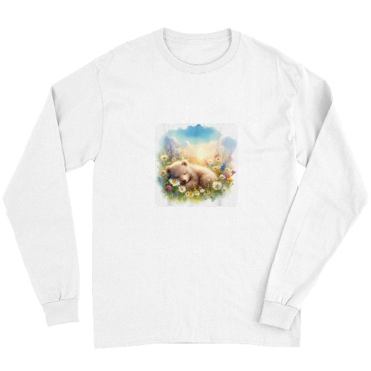 Bear Pet Sleeping Bear Cub Among Wildflowers Sleep Peaceful Serene Long Sleeves