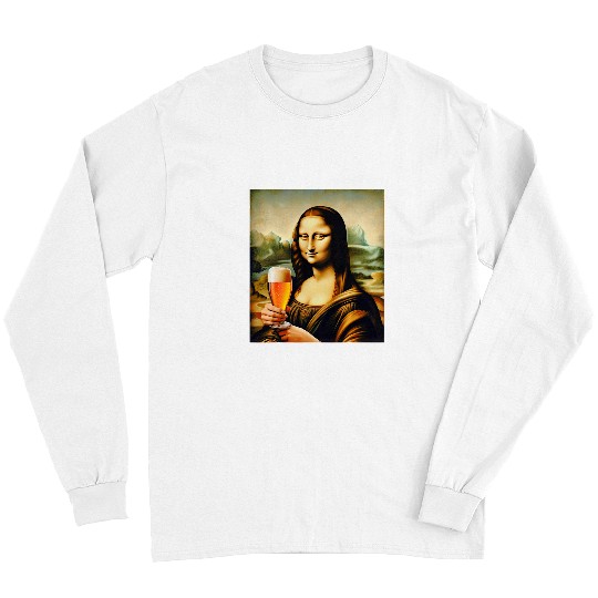 Beer Fun Mona Lisa Drinking Beer Lover s Artistic Long Sleeves