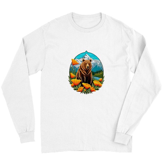 Bear Pet Bear In Mountain Landscape With Orange californias Poppies Long Sleeves