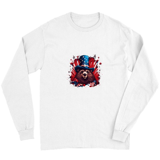 Bear Pet US Flag Patriotic 4th Of July With Grizzly Bear 3 Long Sleeves