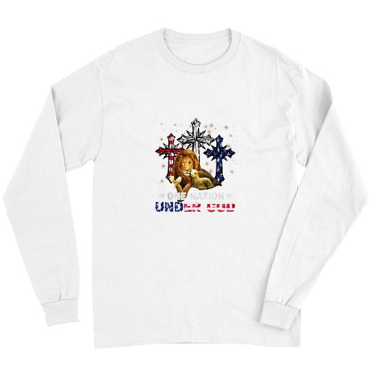 Lion Pet Jesus One Nation Under God Cross American Flag 4th Of July Long Sleeves