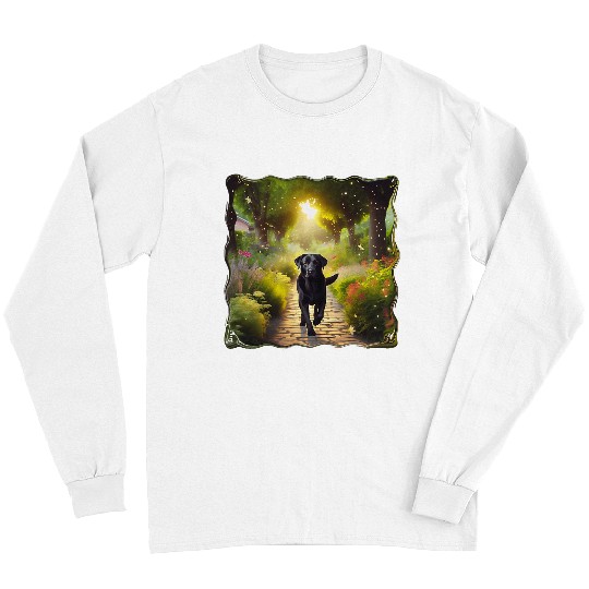 Beautiful Black Lab Dog Running Down a Garden Path Long Sleeves