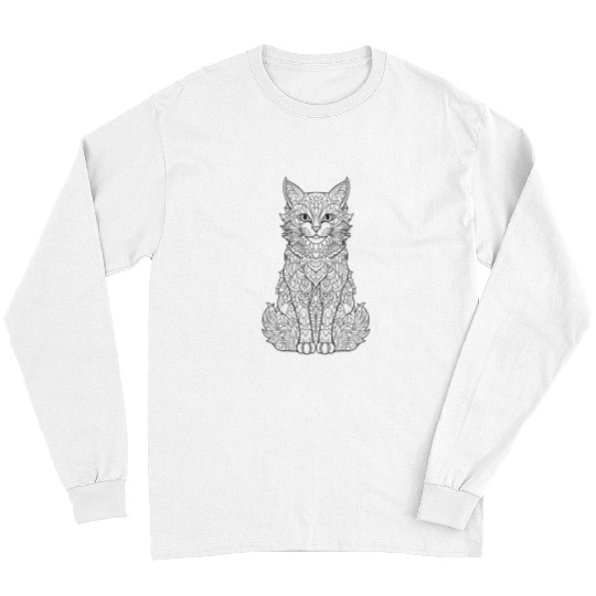 Fancy Portrait of a Cute Fluffy Cat Tattoo Style Drawing Long Sleeves