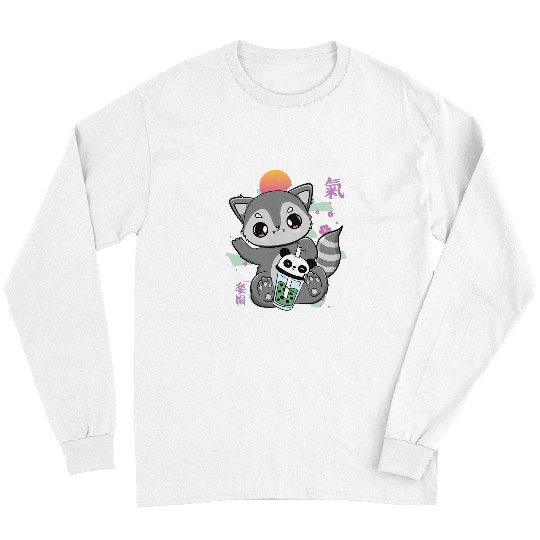 Raccoon Pet Cute Anime Racoon Drinks Boba For Bubble Tea Lover Long Sleeves