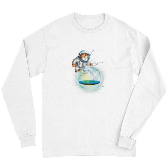 Funny Cat Exploring Firmament Flat Earth Astronaut Space Long Sleeves