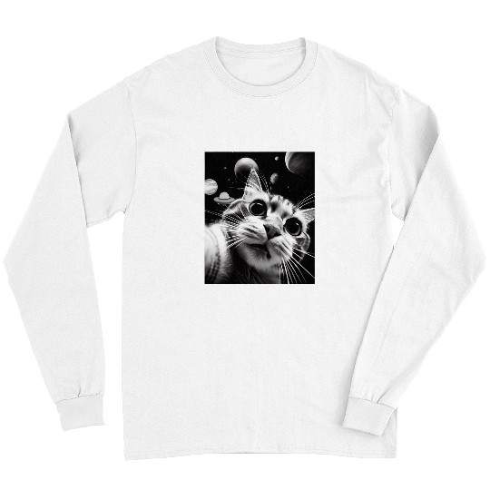 Funny Cat selfie with flying objects in space UFO cats lover Long Sleeves