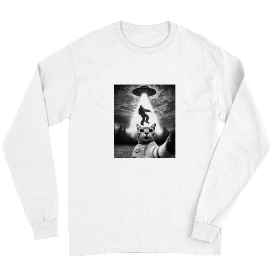 Funny Cat Selfie Flying Alien UFO Abducting bigfoots Cryptid Long Sleeves