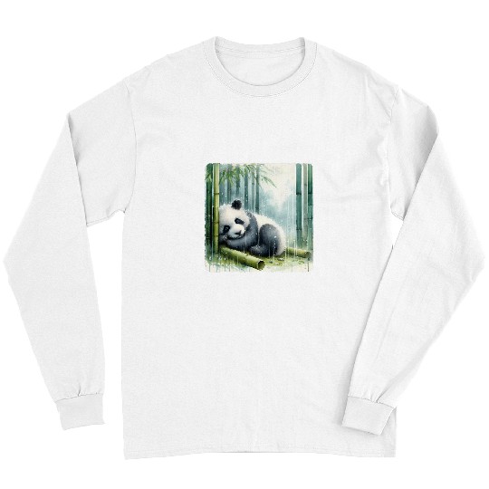 Panda Pet Sleeping Under Bamboo While Gentle Rain Sleep Serene Long Sleeves