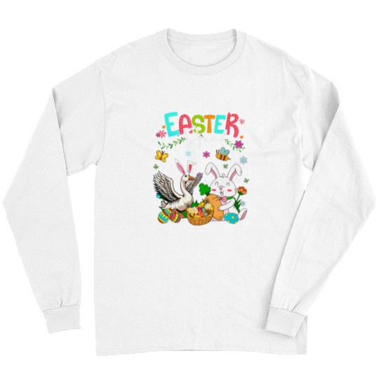 Happy Easter Bunny Goose Hunting Eggs Basket Farmer Kids 1 Long Sleeves